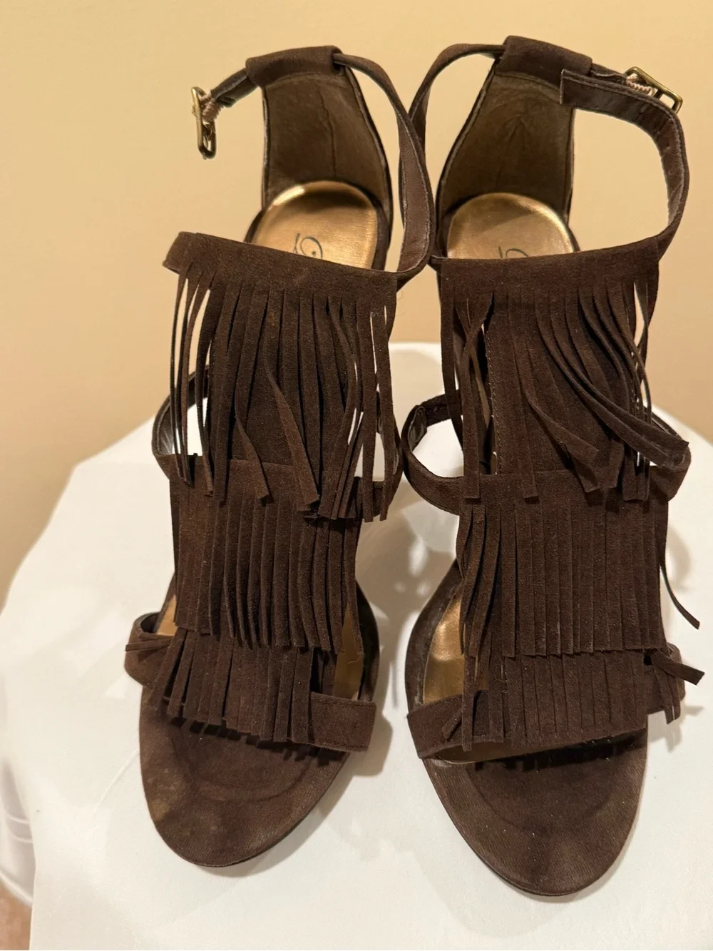 Delicious Brown Suede Multi-Tiered Fringe High Heel Sandals Size 9